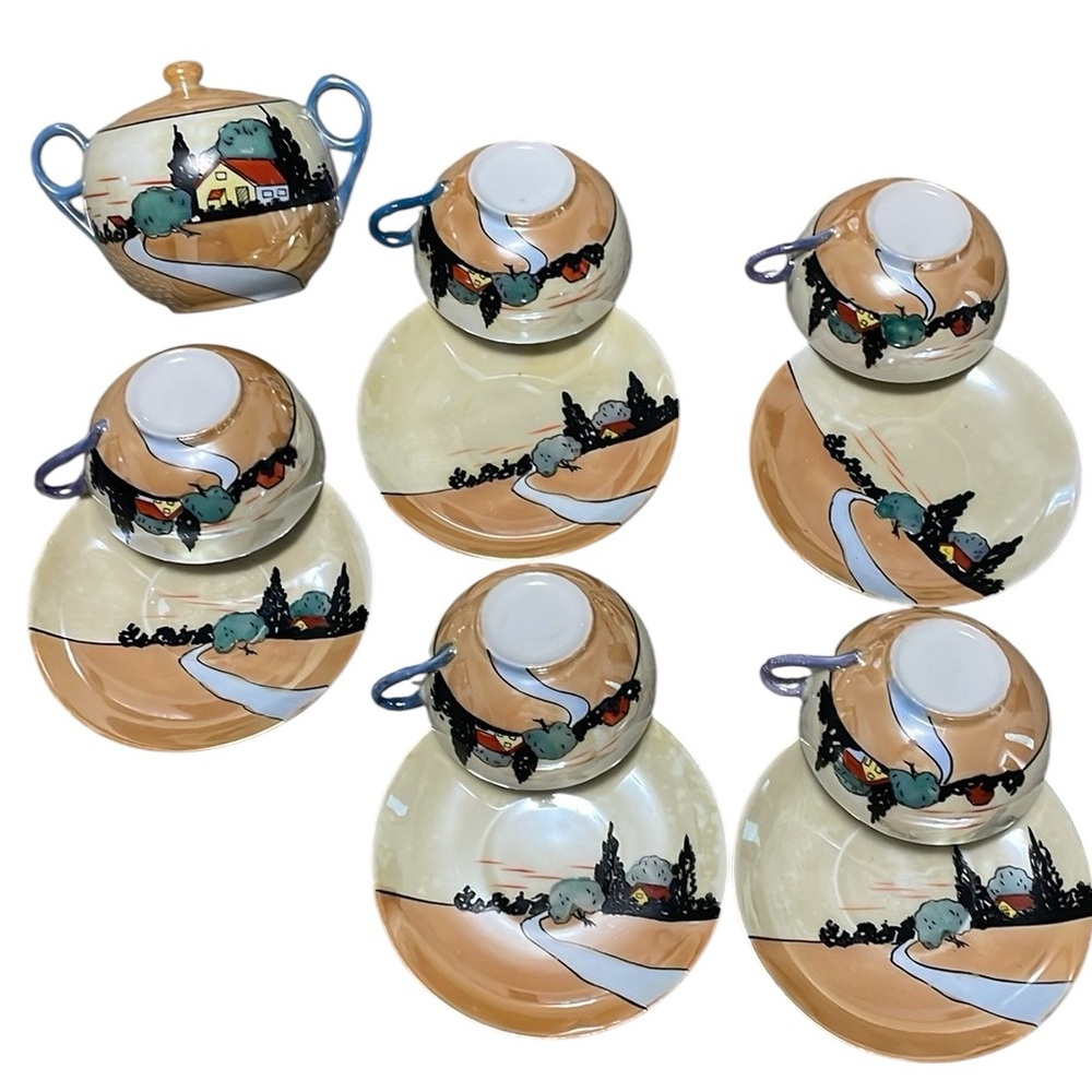 Vintage Chikaramachi Art Deco Lusterware Tea Set Scenic Design made in Japan SET